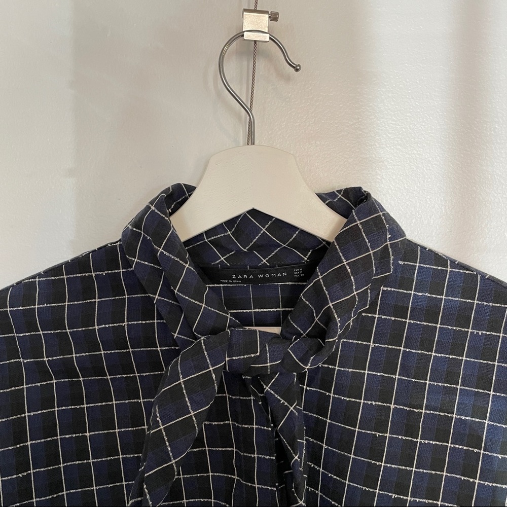 Zara Woman Navy Plaid 100% Cotton Blouse